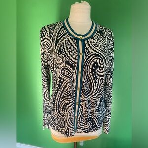 Escada Paisley Print Button Cardigan in Black, White & Teal